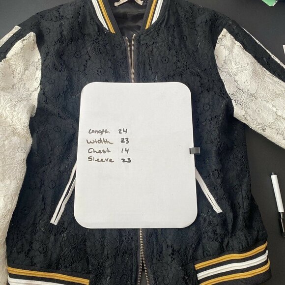 Eye of the Needle Black & White Lace Overlay Full-Zip Bomber Jacket Size Small - Picture 6 of 9